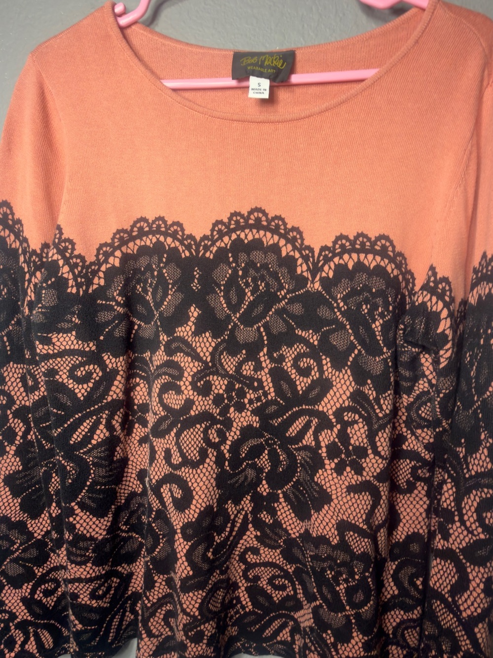 Bob Mackie Coral Top with Black Lace-Print
